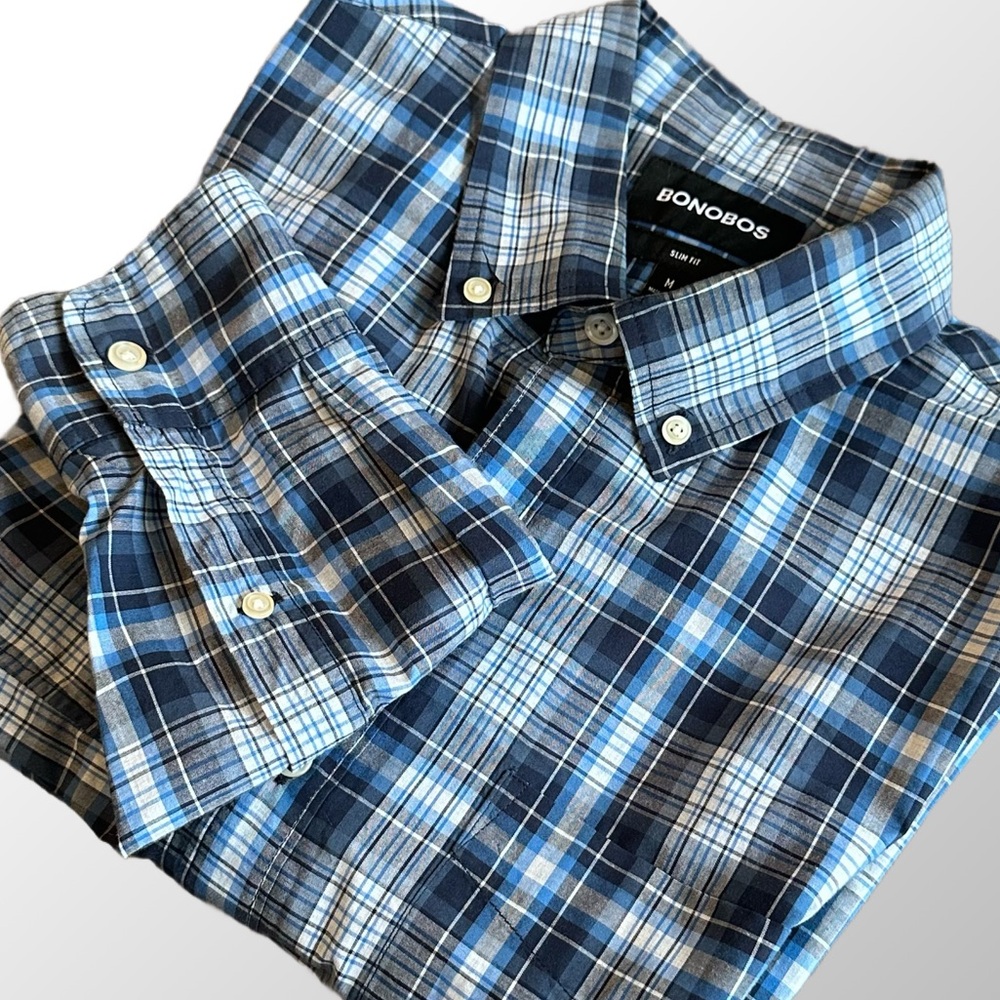 Bonobos Shirt Men’s‎ Medium Blue Plaid Slim Fit Button Down Shirt Long Sleeve